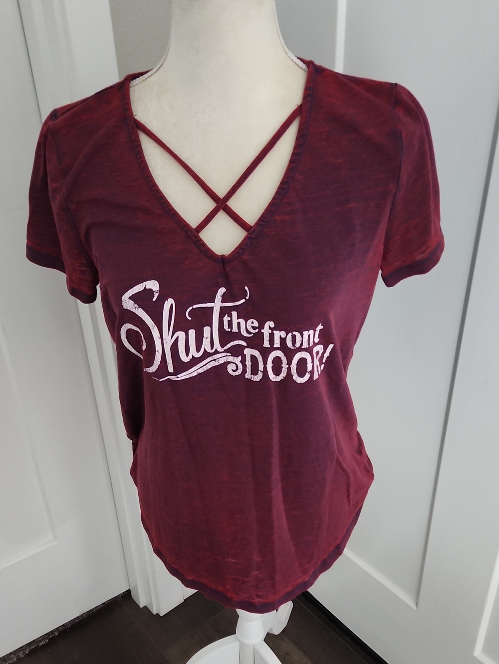 Maurices Burgundy Crisscross V-Neck Graphic Tee